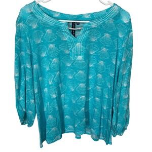 Casey Key Light Blue Seashell Pattern Blouse 3/4 Sleeves Women's Size XL